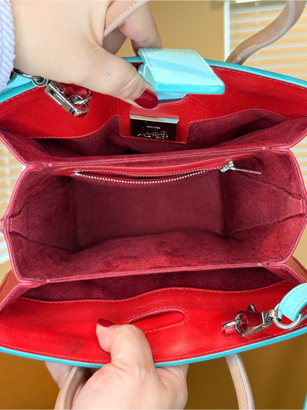 ๐น๐๐๐ Christian Louboutin Mint Green and Tan Leather handles with Red Inside tote - Picture 13 of 16